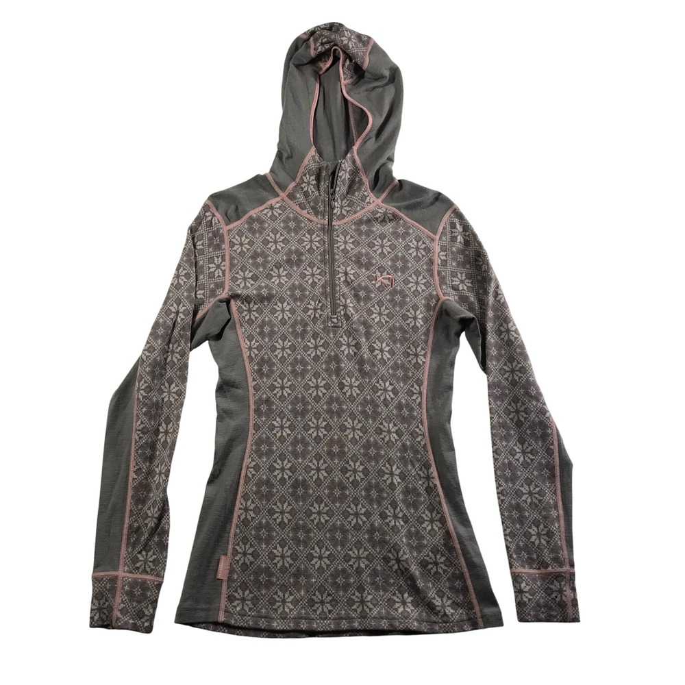 Kari Traa Rose Hood 100% Merino Wool Base Layer Grey Pink Nordic Snowflake Large